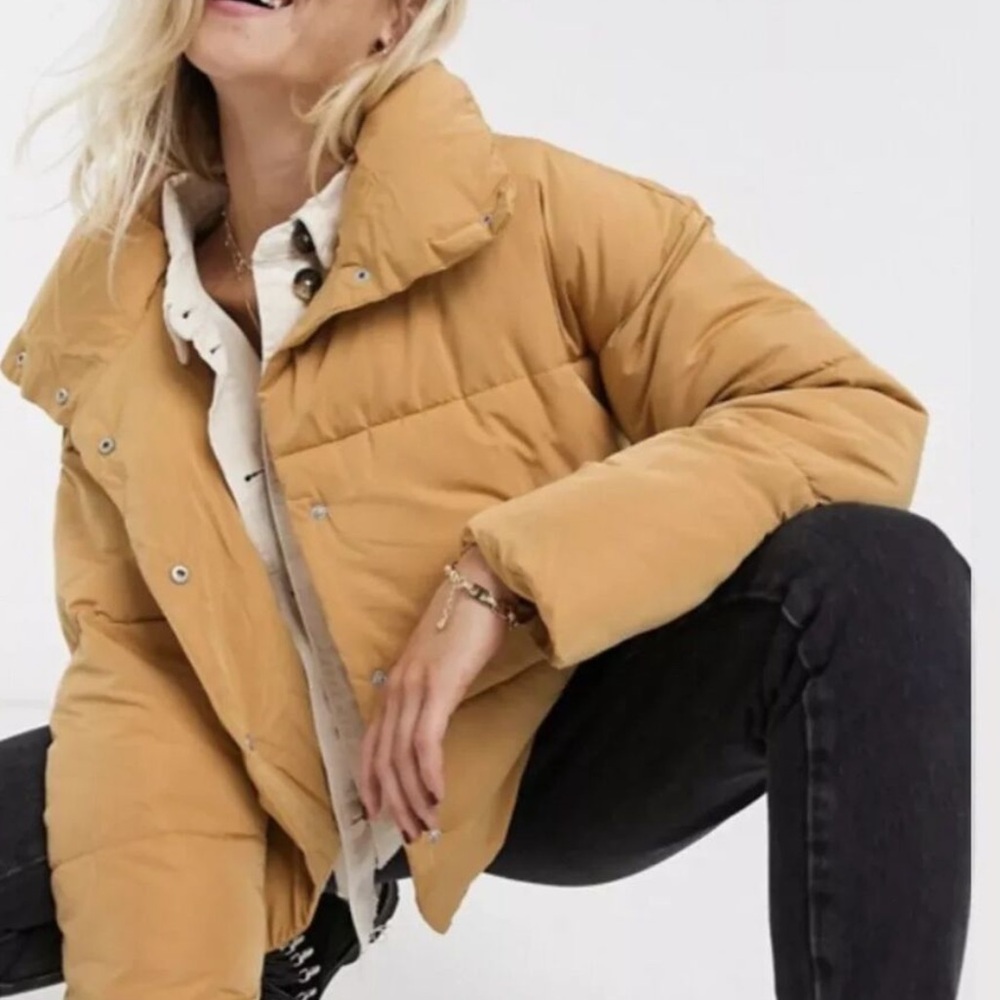Free People Gold Weekender Puffer Crop Button Up Jacket Size M
